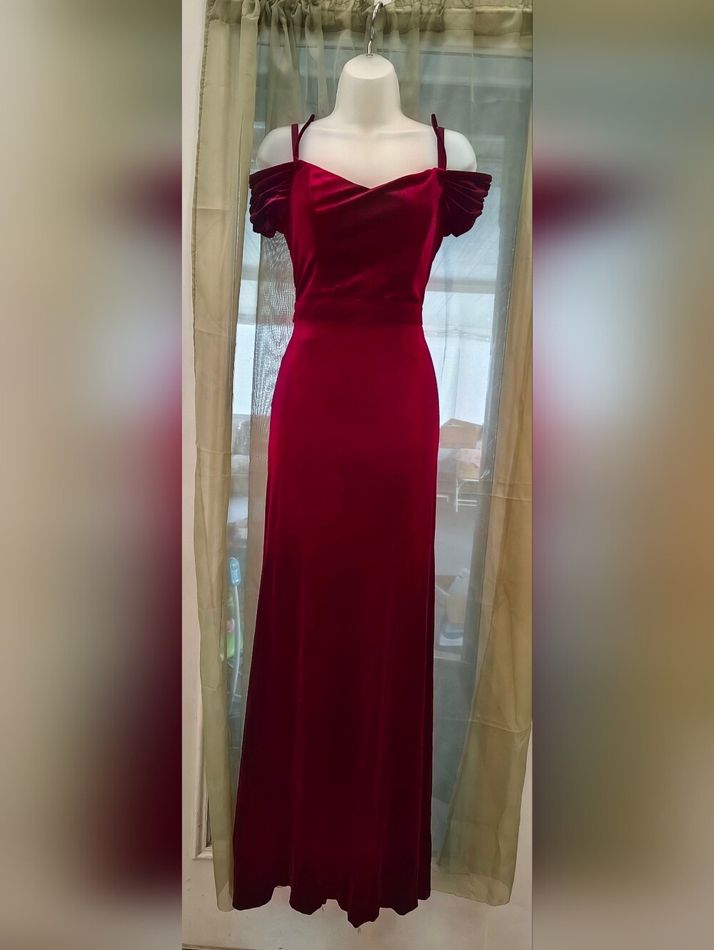 Nicole Miller Burgundy Velvet Off-Shoulder Long Maxi Dress
